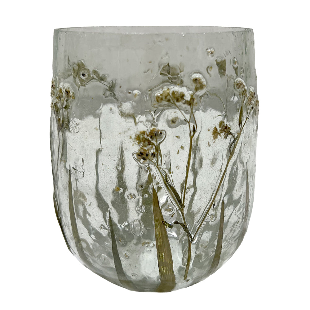 Glas fyrfadsstage med indstøbte blomster