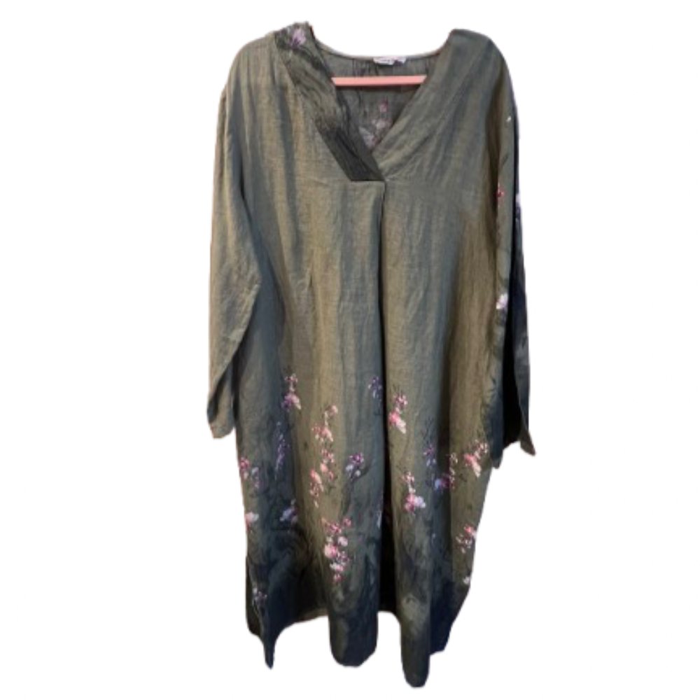 Hørkjole med blomster - Grøn - front