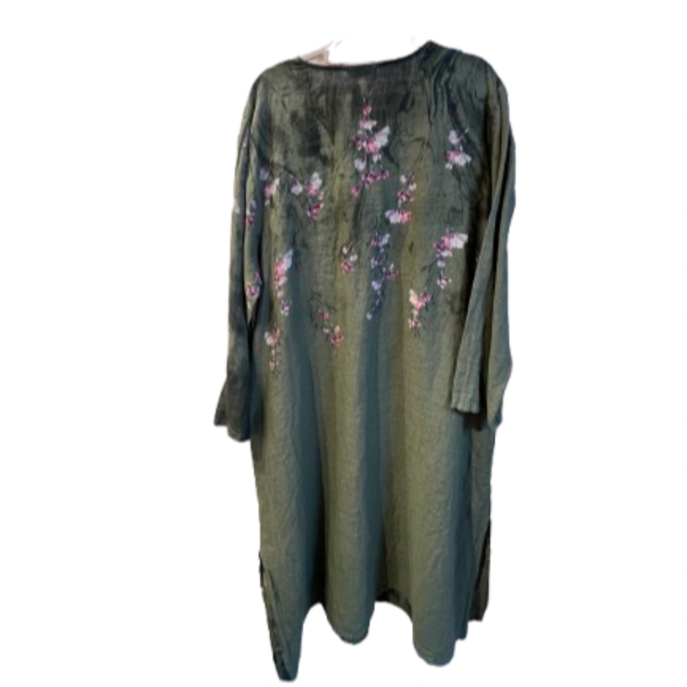 Hørkjole med blomster - Grøn - bagside