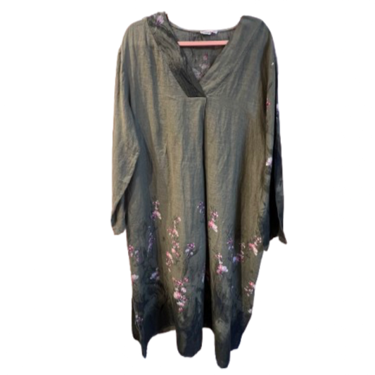 Hørkjole med blomster - Grøn - front